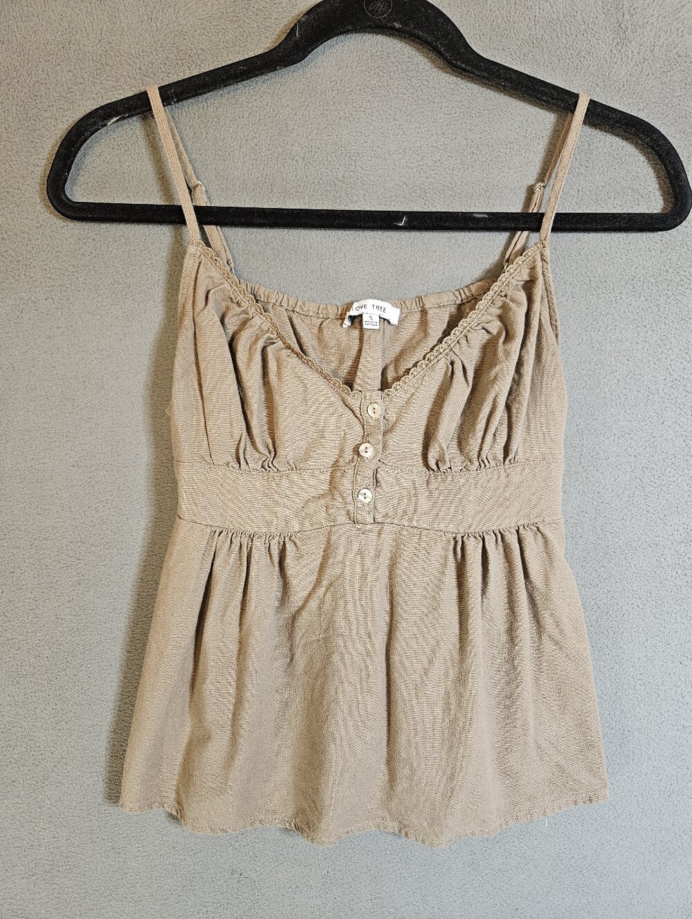Love Tree Womens Small Sweetheart Tank Top Shirt Brown Empire Waist Half Buttons